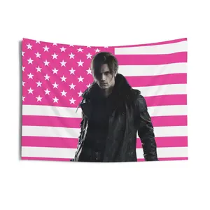 Rough and Bearded Leon S. Kennedy 2026 Wall Tapestry, Pink Leon Kennedy Flag, Resident Evil 9 Inspired Gaming Room Decor, Leon S. Kennedy RE9 Fan Wall Tapestry Gift