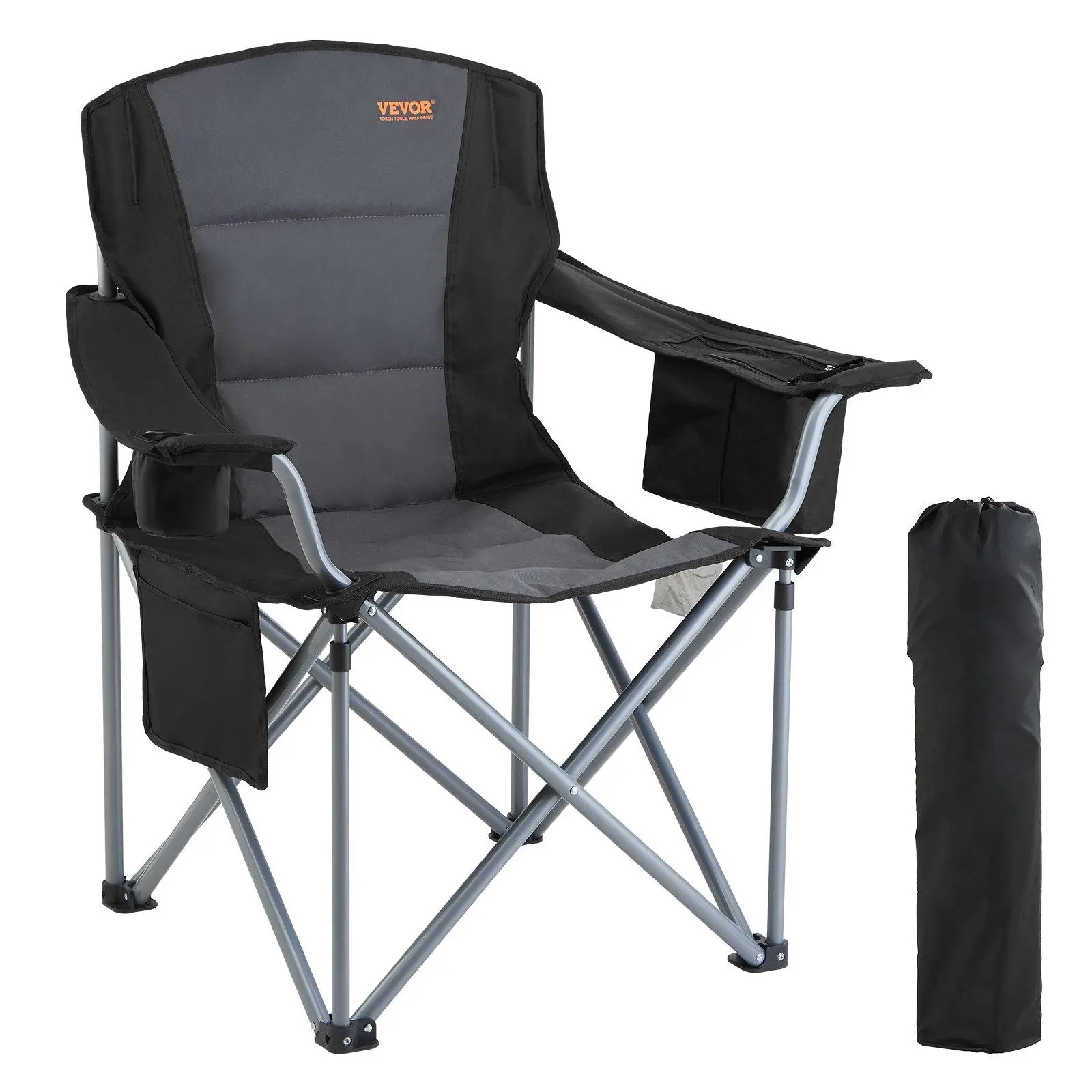 VEVOR Camping Folding Chair for Adults, TikTokShopBlackFriday, Portable Heavy Duty Outdoor Quad Lumbar Back Padded Arm Chairs with Side Pockets, Cup Holder and Cooler Bag for Beach, Lawn, Picnic, Fishing, Backpacking, Black, Lightweight Foldable Chair, Be