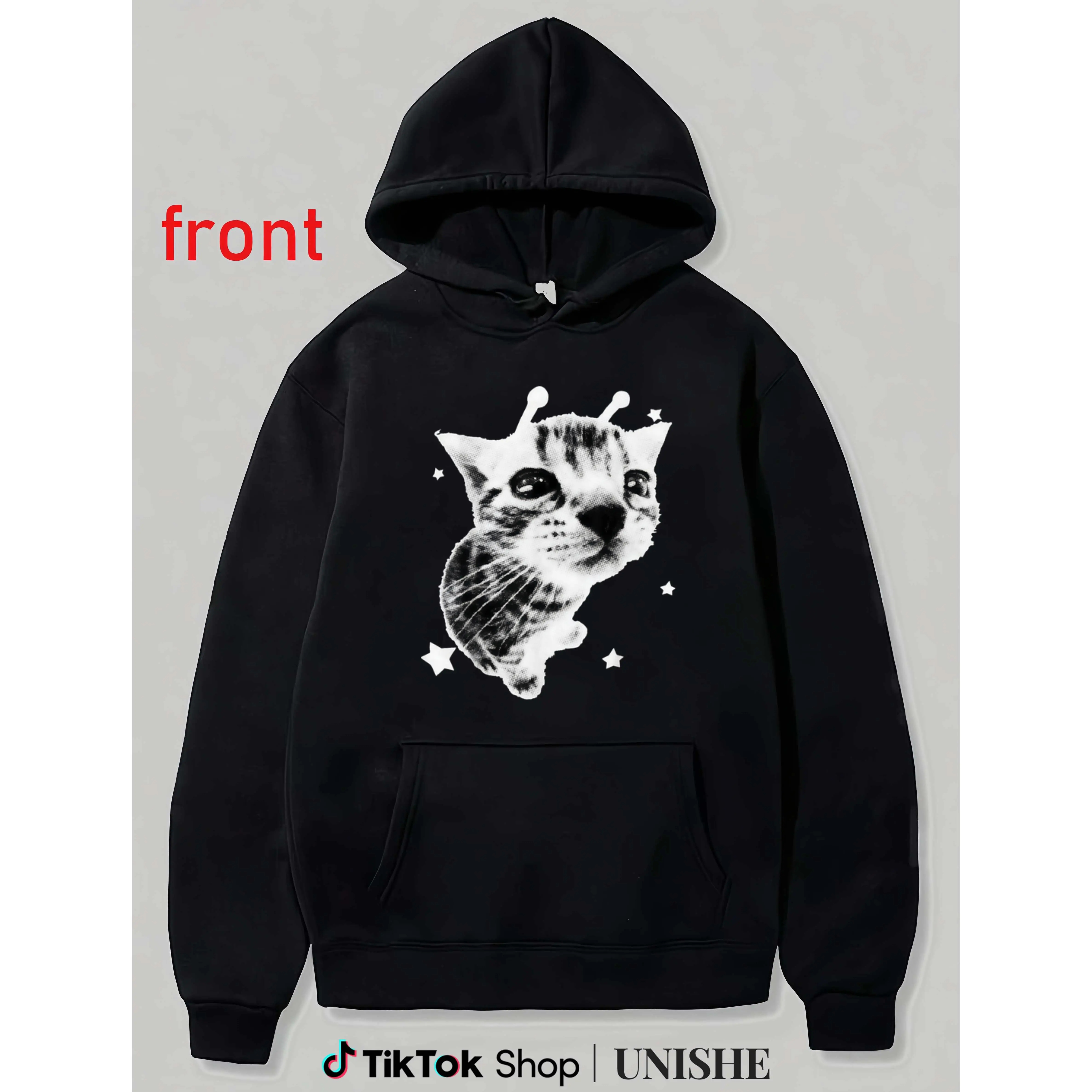 Vintage Y2K Alien Cat Meme Hoodie for Men & Women – Retro Silly Kitty Design Classic Prints Layer Sweatshirts