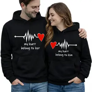 [Graphic Hoodie] Couple Matching Hoodies/T-Shirt - Valentine Couple Heart Belongs to Him Her Graphic Hoodie Casual Long Sleeve Pullover Hooded Sweatshirt