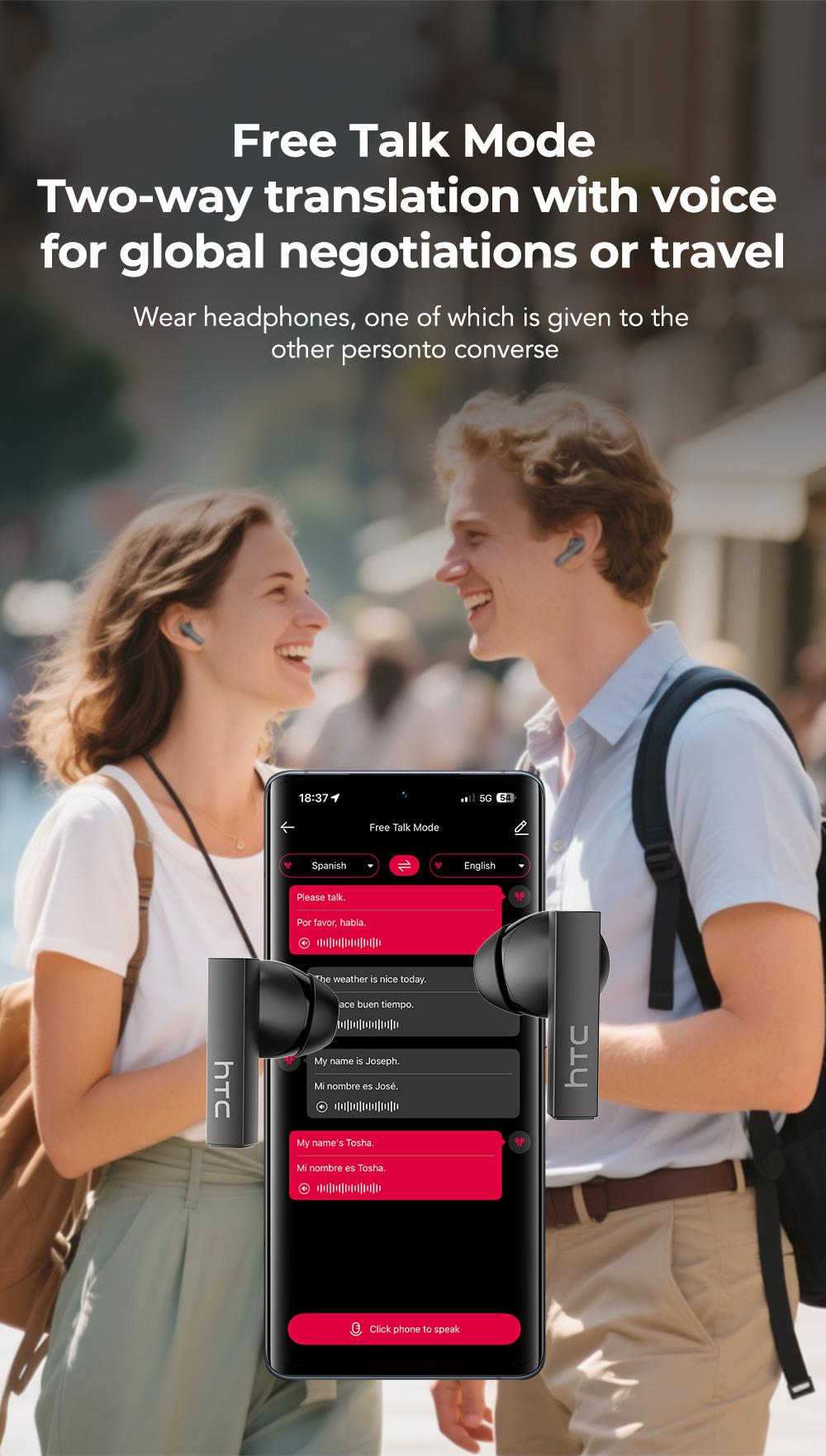 HTC NE40 AI Headset Translates 134 Languages Wireless Earbuds with App-Assisted Two-Way Translation, Noise Cancelling, Clear Calls, Smart Screen Case, Bluetooth 5.4, Perfect for Travel & Daily Use