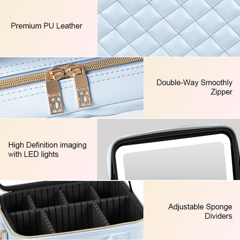 Makeup Bag with LED Mirror, Light Travel Makeup Train Case for Women, Cosmetic Bag Organizer, Portable Artist Storage Bag with Adjustable Dividers Makeup Brushes Storage Organizer and 3 Color Lights