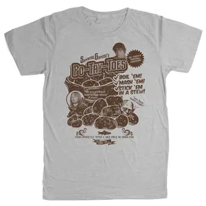 PO TAY TOES Potatoes Boil Em Mash Em Stick Em in a Stew Samwise Gamgee Lord of the Rings LOTR The Shire Hobbits Mr. Frodo Bilbo Baggins Elves Rivendell Mordor Saruman Gondor Smeagol Gollum Aragorn Rohan Boromir Helm’s Deep Trilogy Movies Tee T Shirt