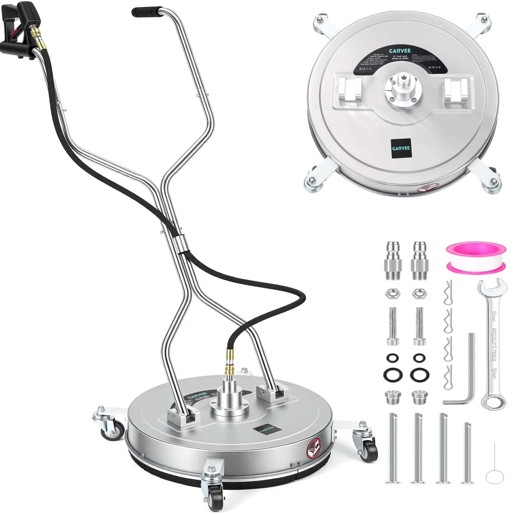 21" Stainless Steel Pressure Washer Surface Cleaner with 4 Wheels & Dual Handles - High Pressure Professional Attachment for Patios, Driveways, Decks, Sidewalks - Durable Ground Cleaning Tool