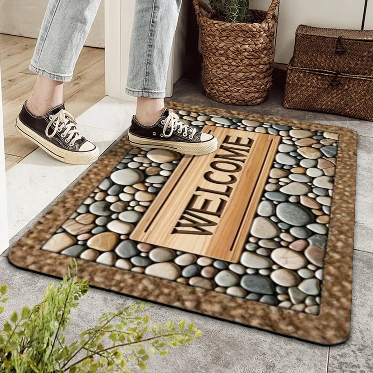 1 Piece Welcome Home Non-slip Doormat - Durable, Machine Washable, Stone Wood Design - Suitable for Farmhouse Decoration, Universal in All Seasons, Diatom Mud Material, Natural Style Entrance Carpet