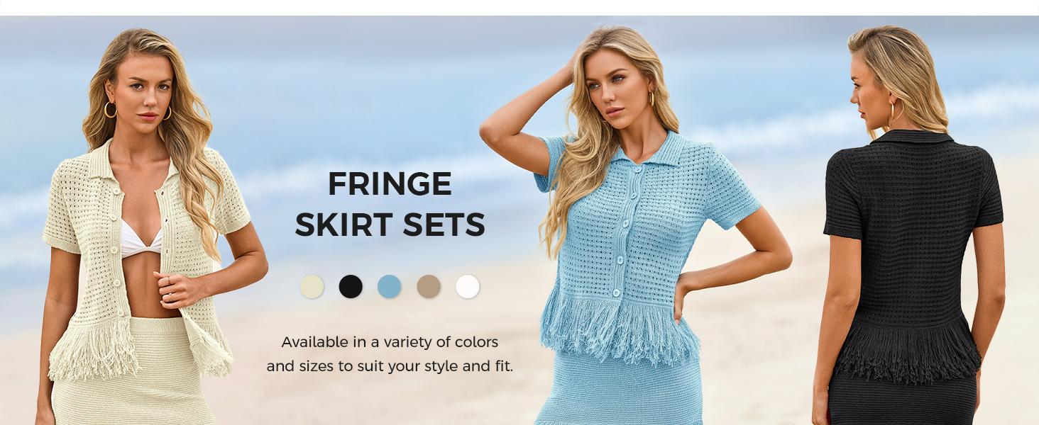 Fisoew Womens 2 Piece Crochet Outfits Short Sleeve Button Knit Sweater Tops Fringe Skirt Summer Vacation Sets Beach Cover Ups