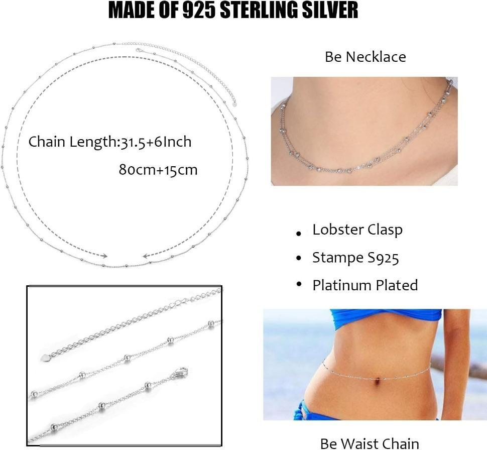 MILACOLATO 925 Sterling Silver Beach Body Waist Chain Minimalist Beach Body Belt Chain Beaded Belly Chain for Women Body Jewelry