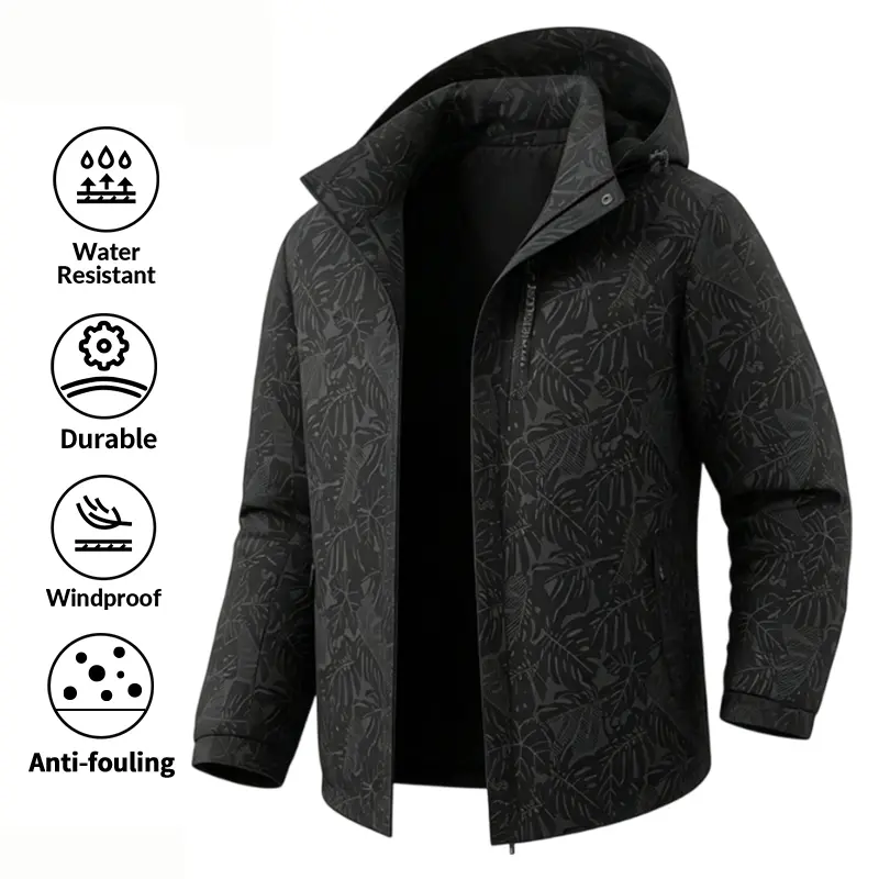 Outdoor jacket with leaf print and fleece lining | Water-resistant, windproof, dirt-repellent hiking and casual coat; water-resistant, windproof, fleece-lined jacket—durable, dirt-repellent, hooded outdoor hiking casual work coat Menswear Tops Long Sleeve