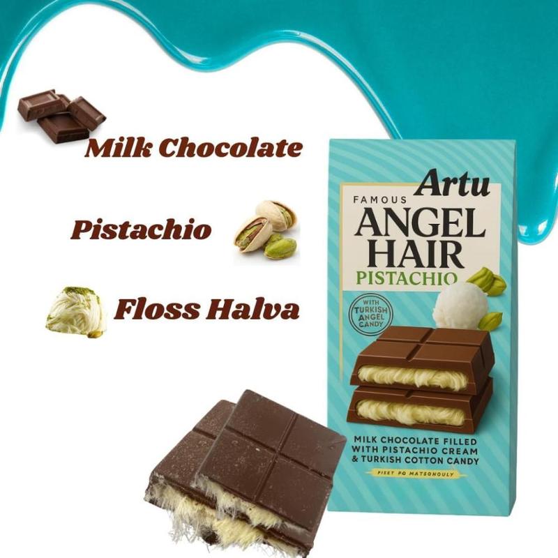 Dubai Chocolate Artu Angel Hair Milk Chocolate Bar 165g – Turkish Dairy Milk Floss with Pistachio Cream & Cotton Candy – Premium Middle Eastern Gourmet Candy Gift