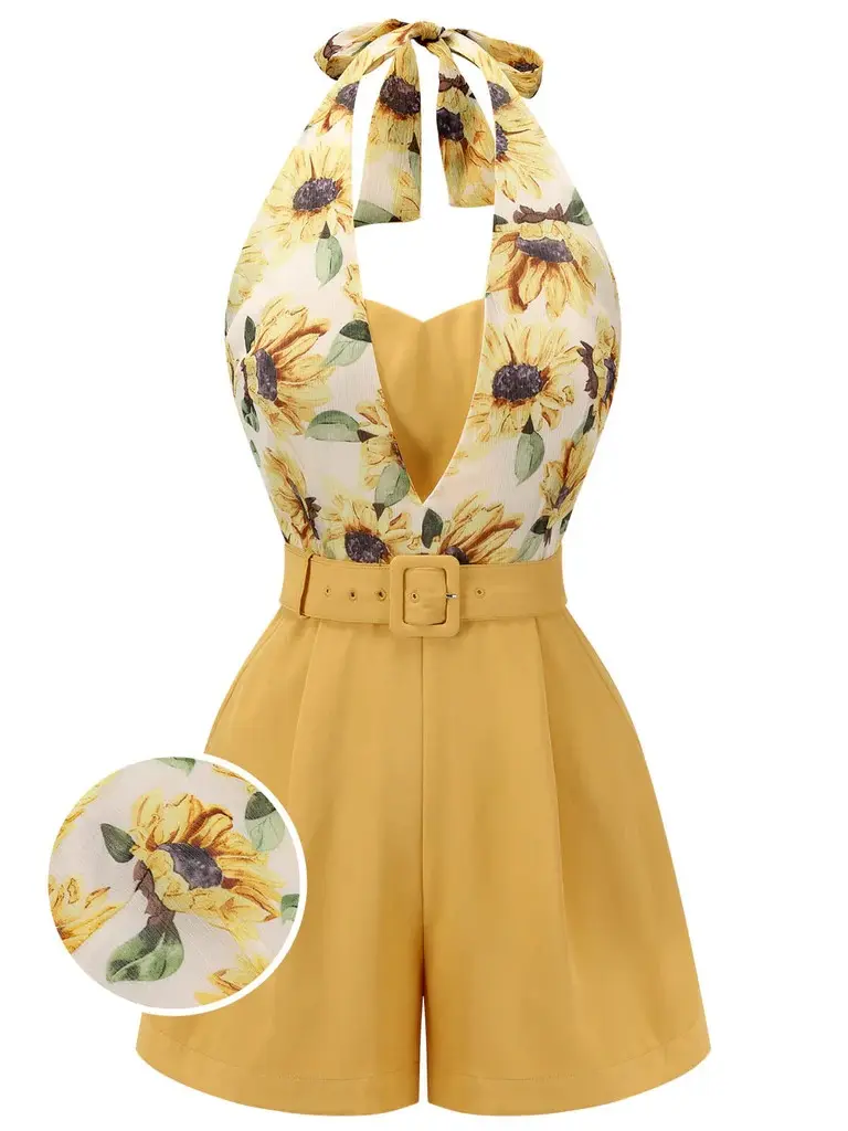 Women's 1950s Vintage Polyester Light Yellow Sunflower Halter Overalls - Sleeveless, Fitted Cut, Above-the-Knee, with Belt and Zipper, Retro Fashion Lady Clothessummer outfits Floral Womenswear BackToSchool Sohochic Fall Dresses Fall outfits Fall fashion