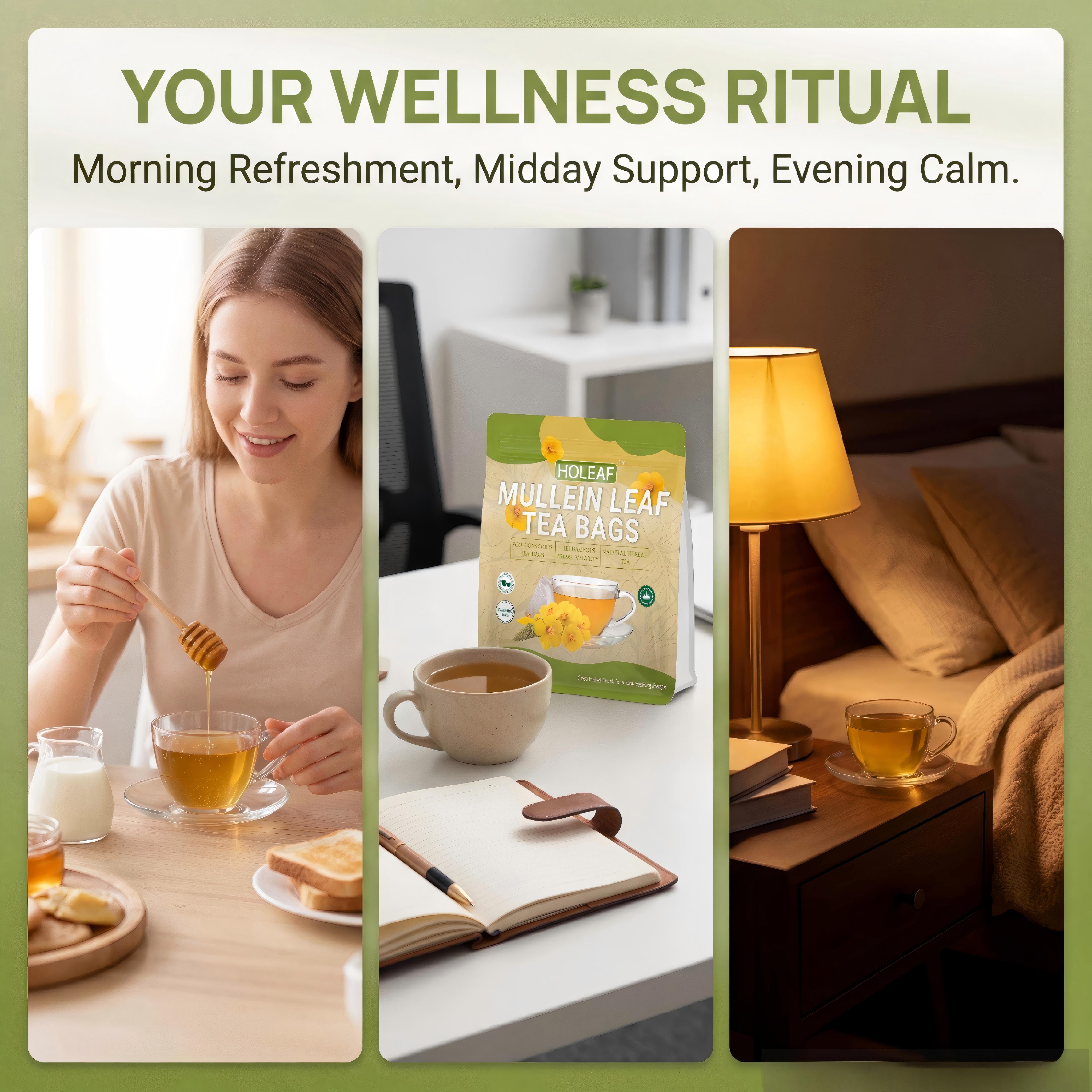 HoLeaf Mullein Leaf Tea, 50 Individually Wrapped Tea Bags, 100% Pure Natural Herbal Tea, Caffeine Free, Eco-Friendly Foil Sealed, No Additives, Smooth Herbal Flavor, Quick-Brew Daily Wellness Tea