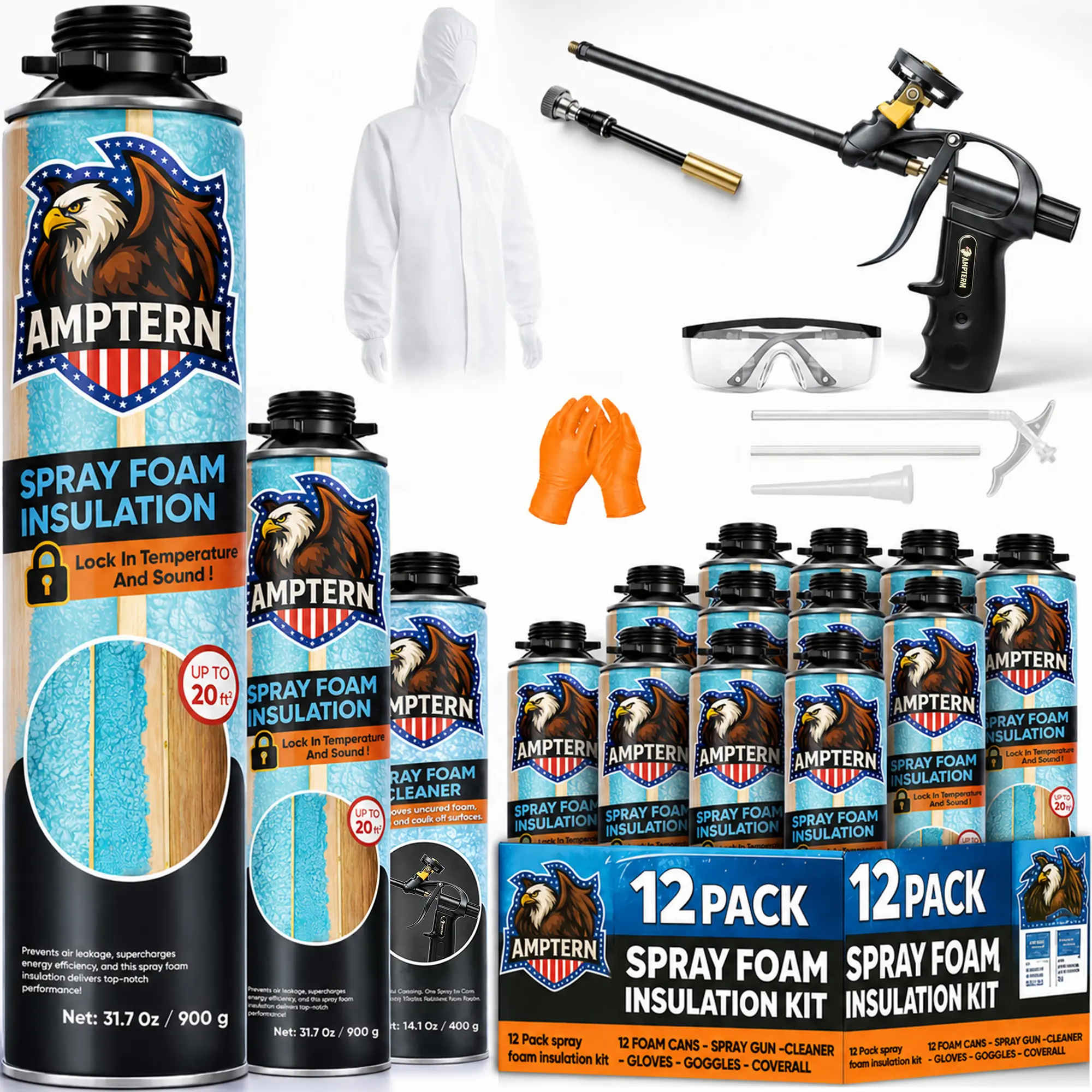 Spray Foam Insulation Kit 12 Pack, Closed Cell Spray Foam Insulation High Density Expanding Foam, Up to 240 Board Feet Coverage, Wall/Ceiling/Attic/Garage Door Thermal & Acoustic Insulation with Spray Tool, Cleaner