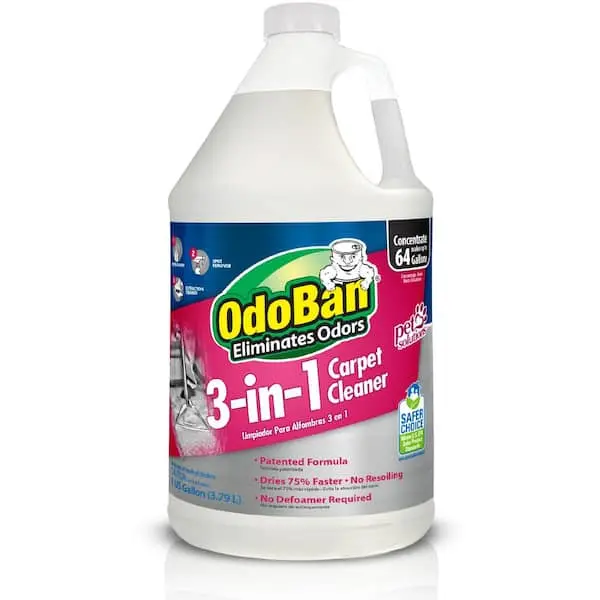OdoBan 1 Gal. 3-in-1 Carpet Cleaner, Concentrated Carpet Cleaning Solution, Fragrance Free, Professional Carpet Cleaner for Machines, Traffic Lane Pretreatment and Spot Remover, Fast Drying Formula, Safe for All Fibers Including Wool.