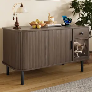 37.4" Cat Litter Box Enclosure Furniture with Sliding Door, Hidden Litter Box Cabinet with Storage Drawer and Charging Station, Modern Indoor Cat House TV Stand End Table, Wooden Cat Furniture Cat Condo for Living Room, Brown