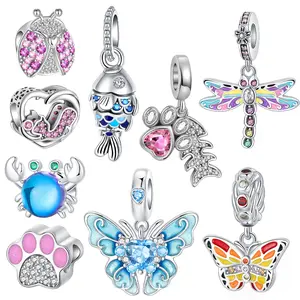 Nature & Pets Charm Collection, 925 Sterling Silver, Enamel Accents, Butterfly/Fish/Crab/Ladybug/Paw/Dragonfly Designs for Bracelets, Nature Lovers, Perfect Women’s Gift