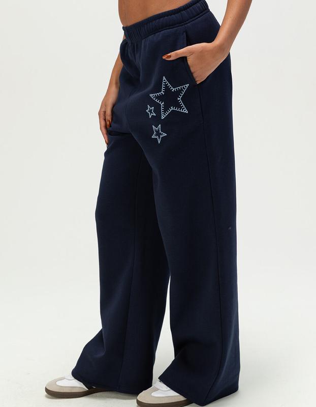 FULL TILT Embroidered Star Womens Wide Leg Sweatpants