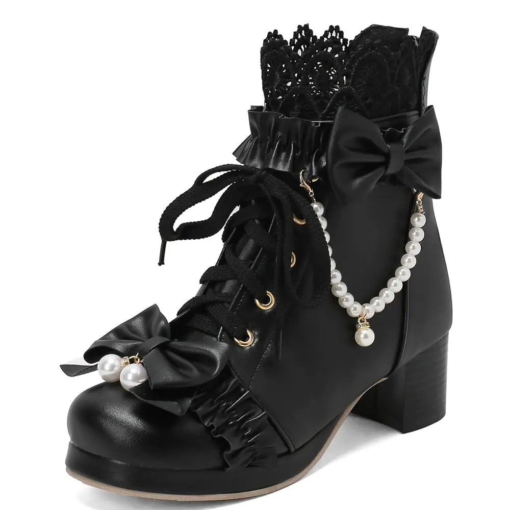 Women's Round Toe Closed-Toe Leather Look Ankle Booties - 16.5cm Chunky Heel, Lace-Up Front for Fit Adjustment, Cushioned All-Day Wear Shoes, Lace-Up Front Lets You Adjust Fit, 16.5 Centimeters