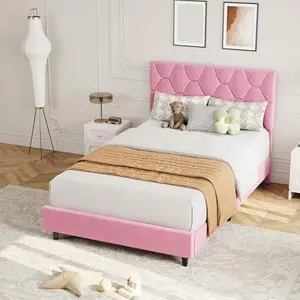 Pink Twin XL Bed Frame with Upholstered Headboard, Heavy-Duty Platform Bed Frame with Strong Wood Slats, No Box Spring Needed/Noise Free/Easy Assembly