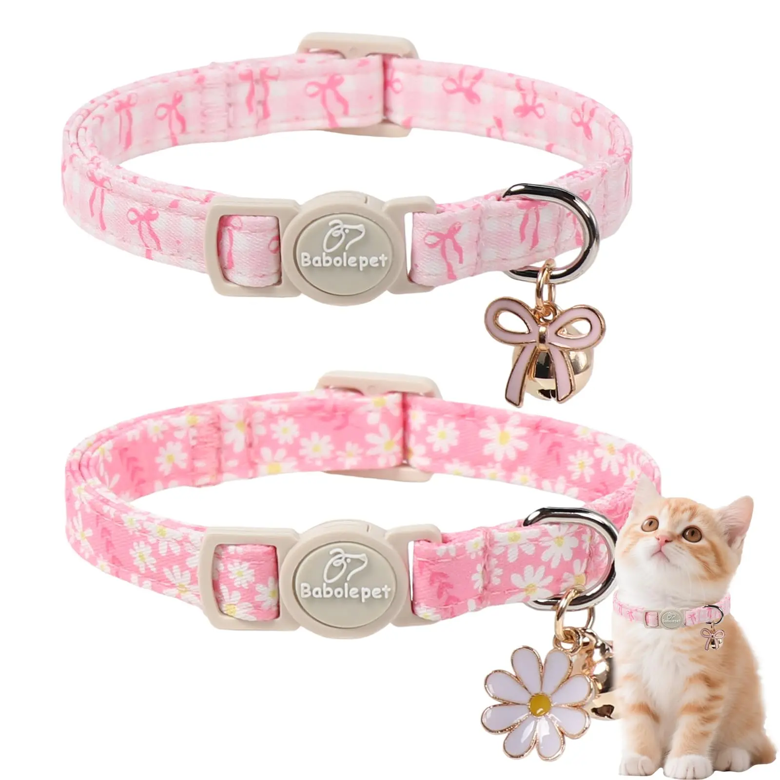 Babole Pet 2 Pack Breakaway Cat Collars with Bell, Adjustable Cute Pink Kitten Accessory - Safety Soft Pet Necklace for Girl Boy Cats