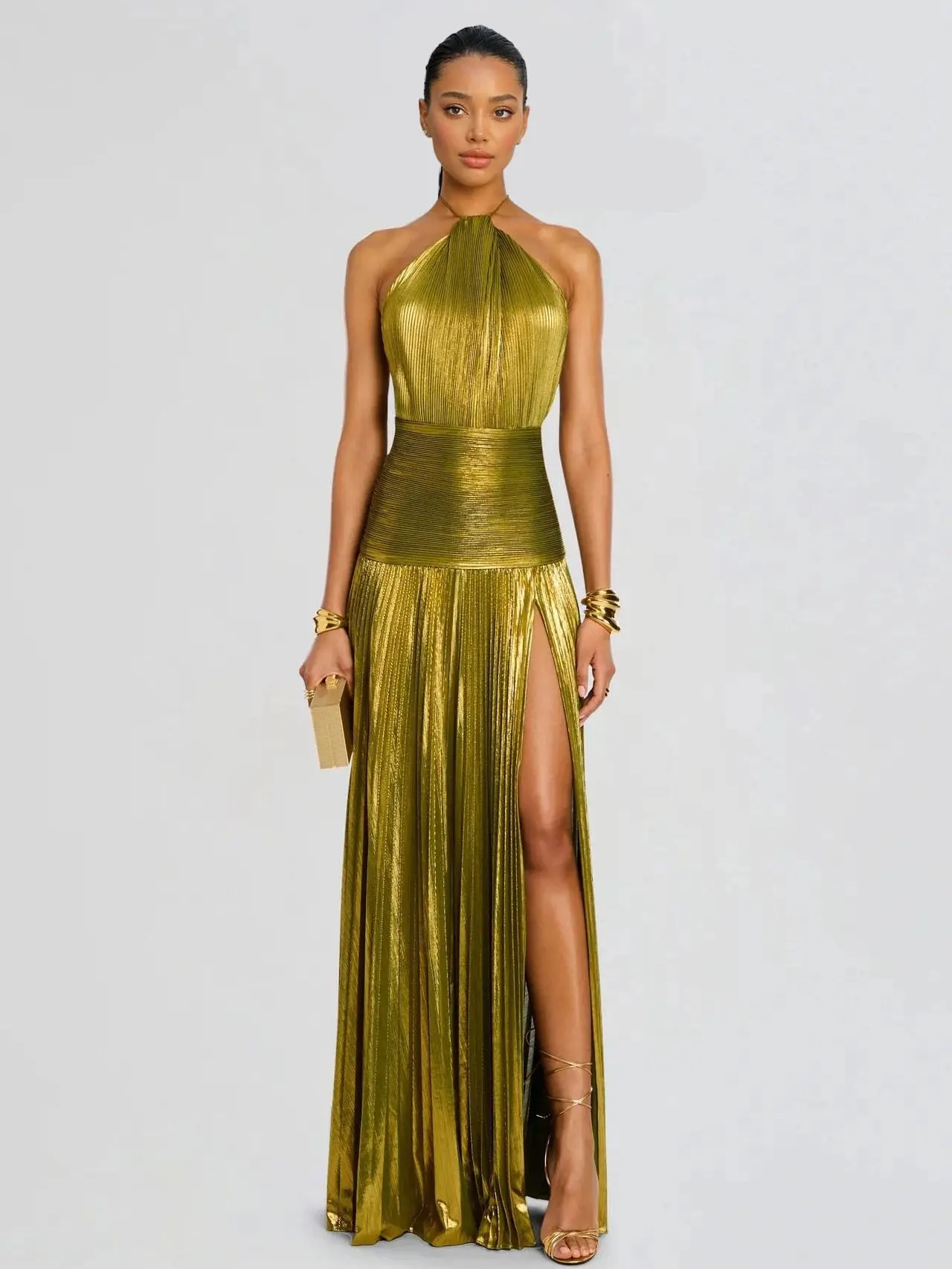 LikeMyChoice 2026 Metallic Olive Gold Pleated Halter Maxi Dress High Slit Formal Evening Gown for Women Sleeveless Floor-Length Maxi with Tie Closure - Fabric, Fit