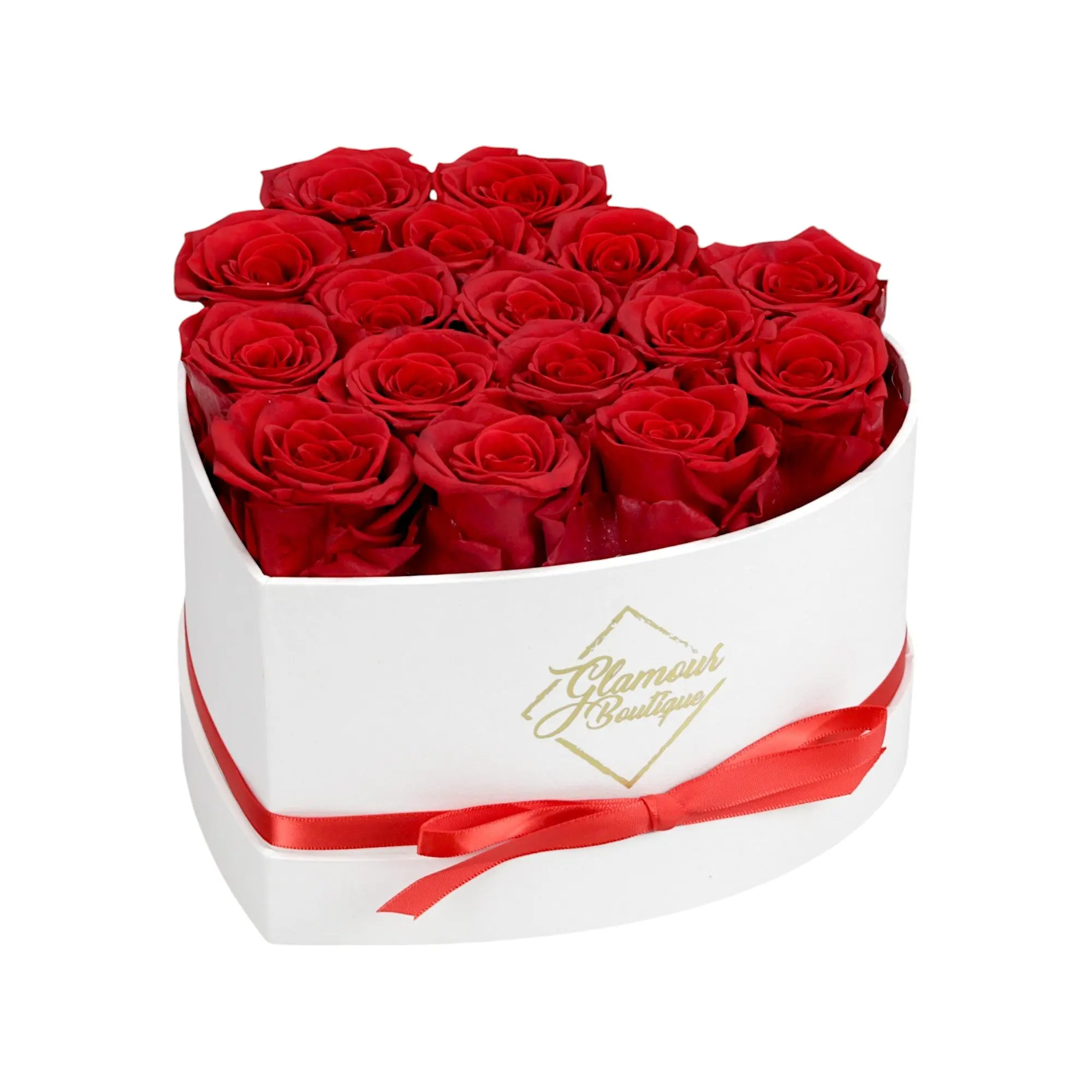 GLAMOUR BOUTIQUE Immortal Love Decorative Ornaments - White Heart with 16 Red Roses Decor Box, for Birthday, Mother's Day, Bedroom Decoration