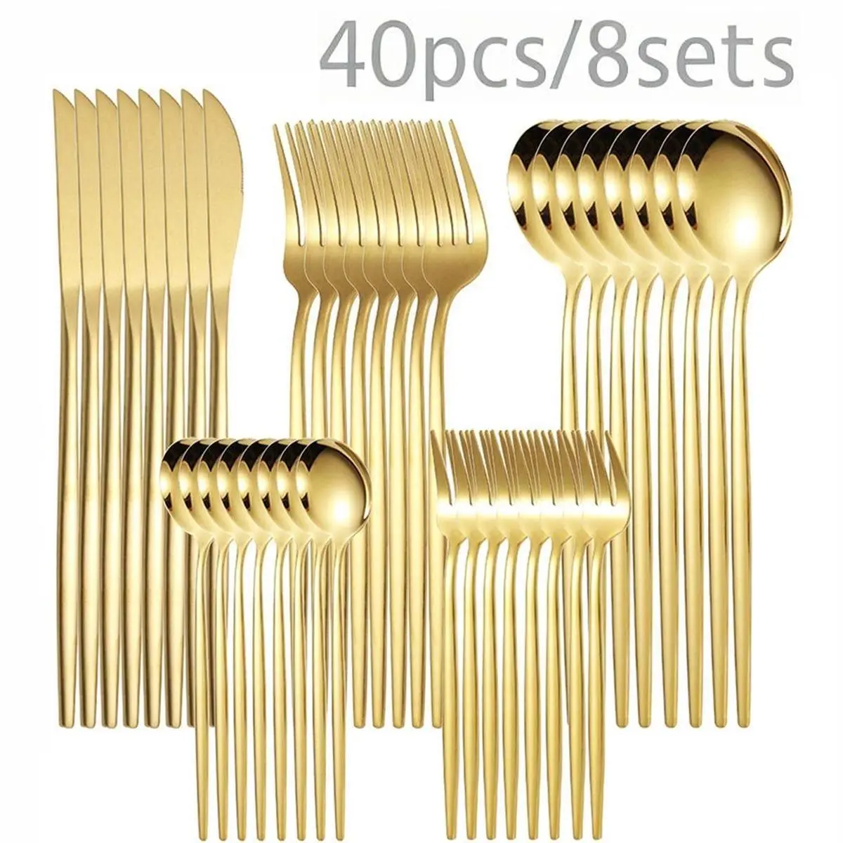 Glam Gold Stainless Steel Western Curve Cutlery & Tableware Set - 40-Piece, Serves 8, Mirror-Polished Glossy Knives, Forks, Spoons, Dessert Spoons, Dessert Forks, Dishwasher Safe, Ideal for Holidays, Housewarming, Everyday Family Dinners