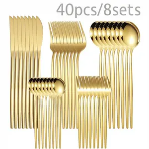 40-piece gold stainless steel Western cutlery set (serves 8) — mirror-polished knives, forks, spoons, dessert spoons, and dessert forks; dishwasher safe, suitable for family dinners, parties, and banquets, combining practicality with decorative elegance.