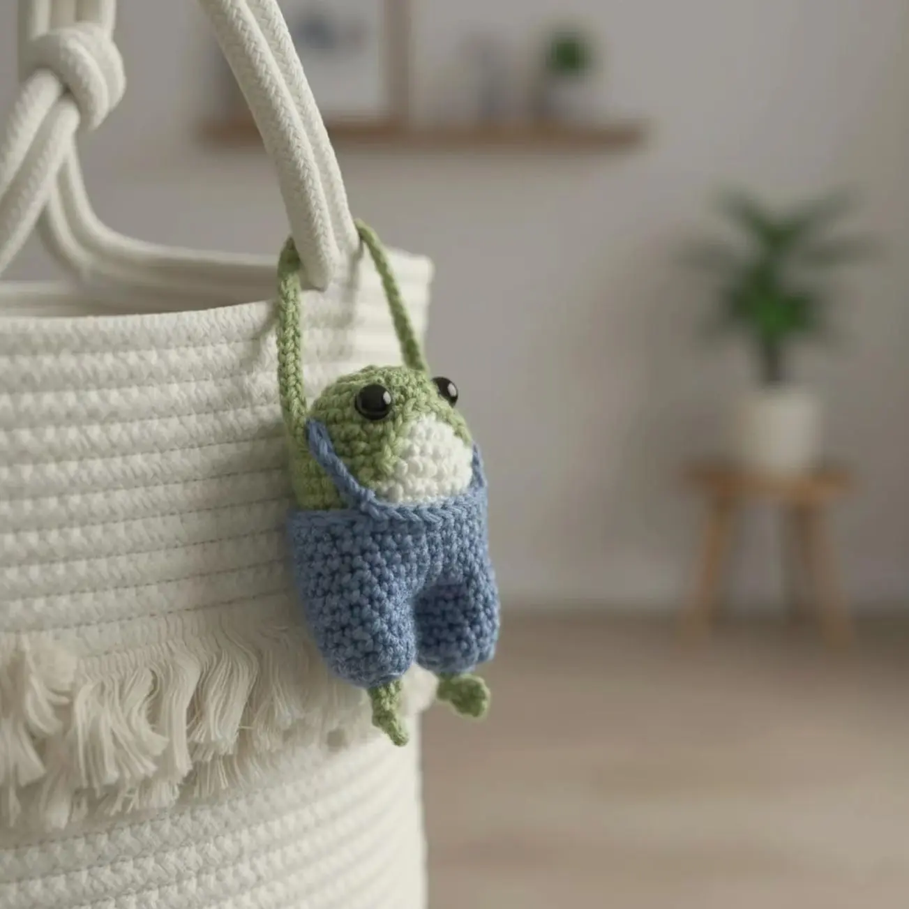 Crochet Frog Keychain in Blue Overalls, Amigurumi Frog Bag Charm, Handmade Frog Lover Gift, Kawaii Stuffed Animal Keyring, Toad Plushie