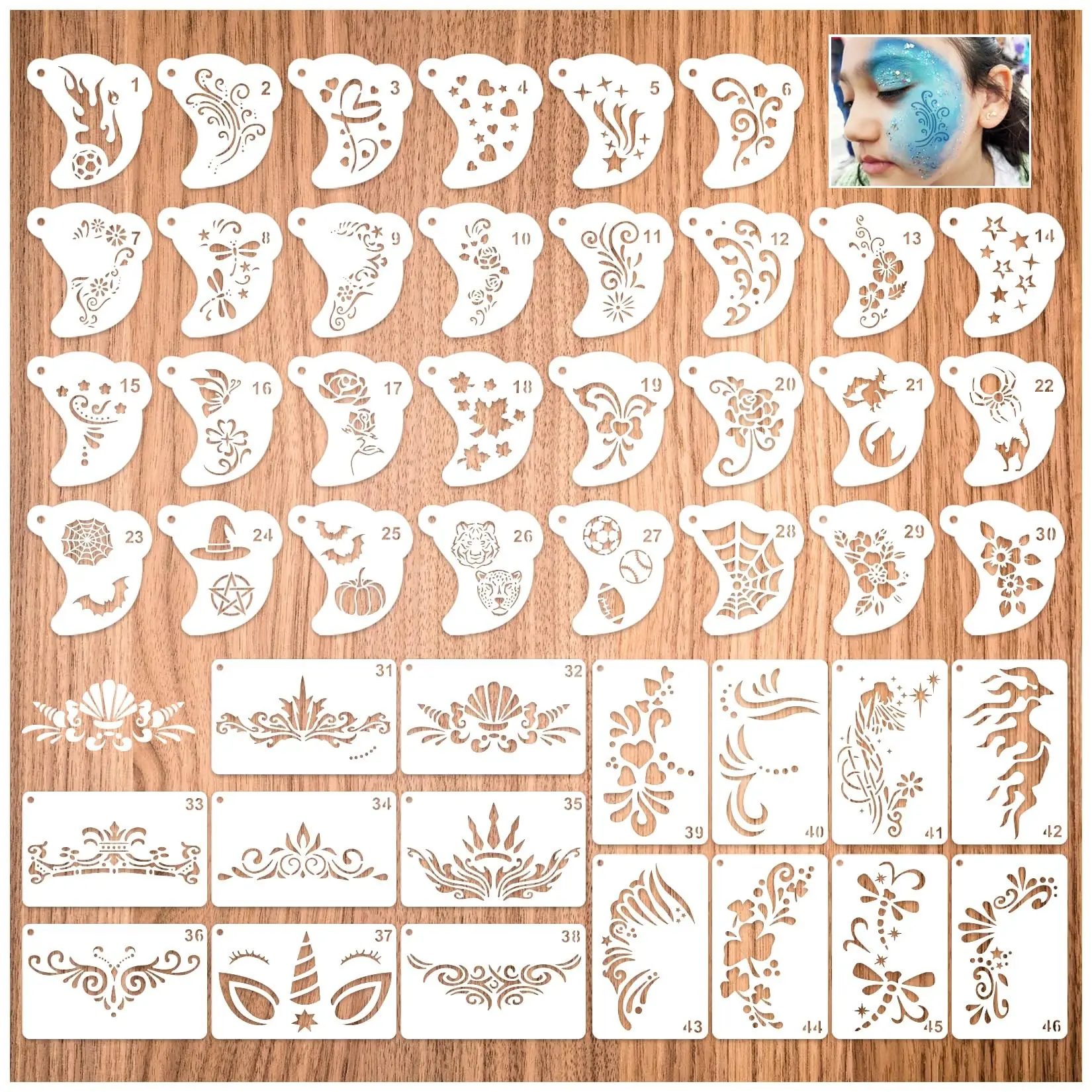 46pcs Reusable Halloween Face And Body Art Face Painting Templates Designs, Body Art Stencils, Cosmetic Makeup Face Paints, Party Art Supplies, Creative Artistic DIY Accessories