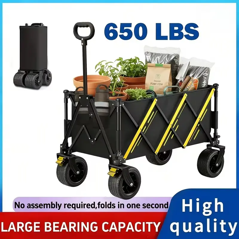 Heavy Duty Folding Trolley Cart - 300L Large Space Collapsible Outdoor Transport Tool, 7in Smooth Wheels, 650LB Capacity, Ideal for Camping, Gardening (Black), Collapsible Cart