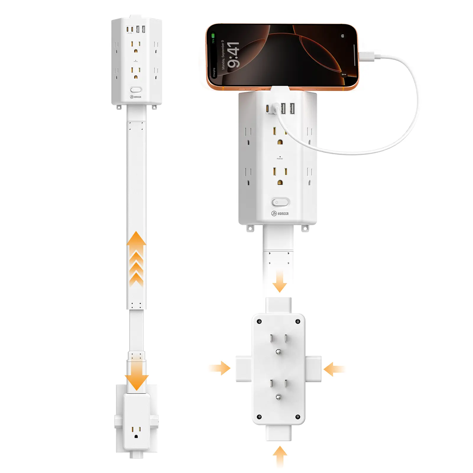 HONIZER Flat Outlet Extender Stick,6 Widely Spaced AC Outlets PD 20W USB-C, Extendable 26"-35.4", 4 Way Extendable Flat 0utlet for Behind Couches, Nightstands, Desks, and Dorm