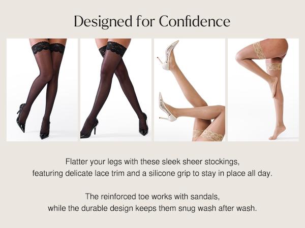 ​​Popilush Women's Socking & Spantyhose - Black Lace Trimmed Tights for Fashion-Forward Womenswear​ Sock Stocking-LIVE Thigh Highs
