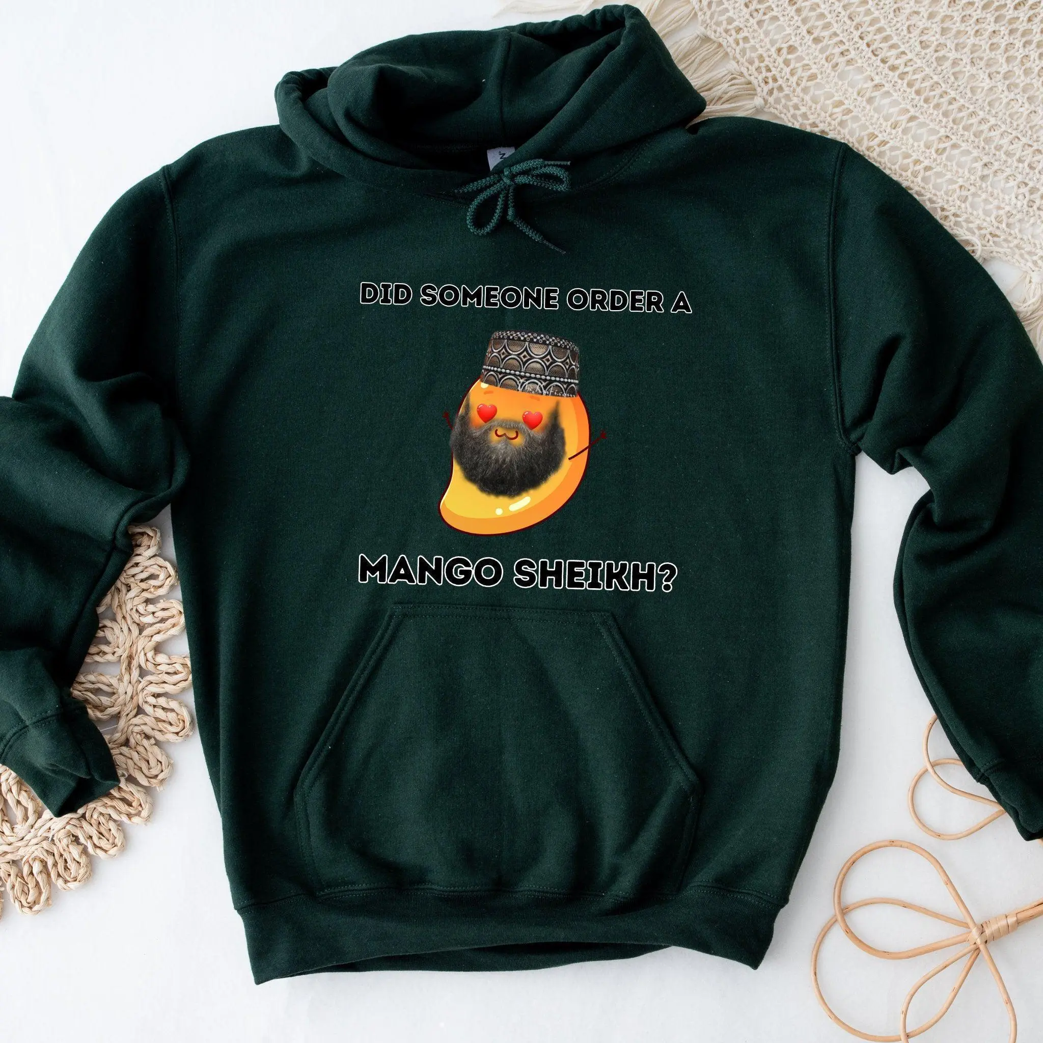 Did Someone Order a Mango Sheikh? Hoodie by Humraha | Desi Arab Muslim Fashion Apparel Gifts for Ramadan Eid Nikkah Wedding Couples Families New Moms Aunts Uncles Grandparents | Pakistan India Bangladesh Palestine Lebanon Egypt Syria