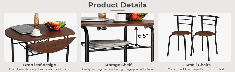 VINGLI 31.5" Drop Leaf Dining Table Set 3 Pieces for Small Space,Small Kitchen Table Set for 2,Round Folding Table with 2 Chairs for Home,Kitchen,Apartment