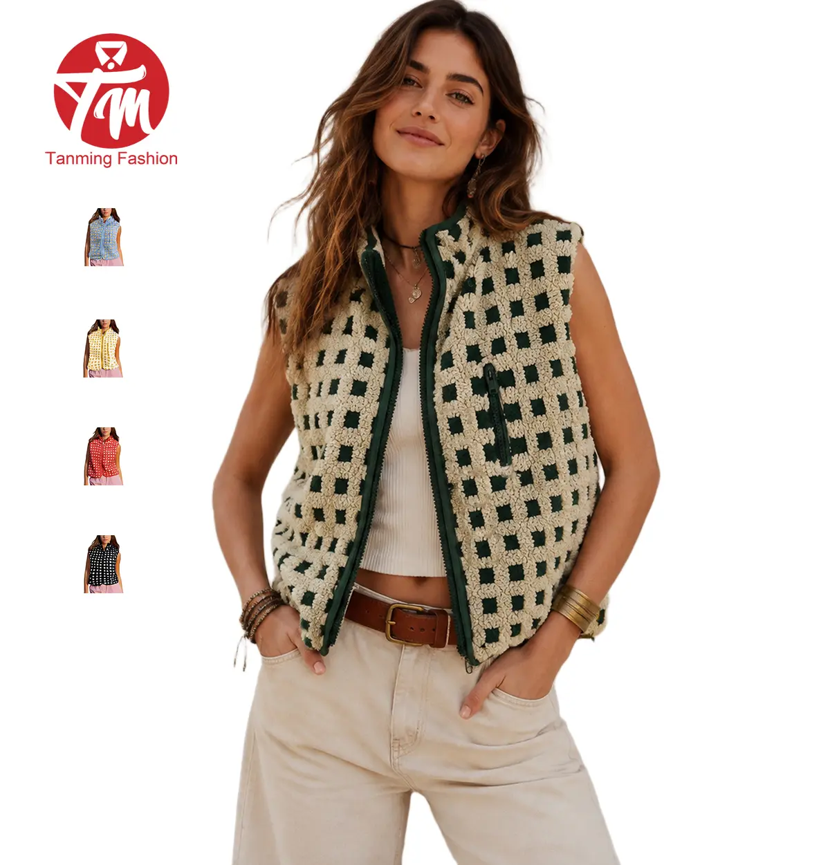 Tanming Womens Plaid Fleece Vest Sherpa Zip Up Stand Collar Sleeveless Outerwear Jackets with Pockets Casual Spring Fall Winter Work School Vacation Outfits Clothing