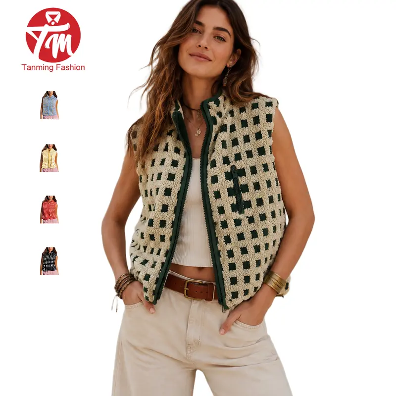 Tanming Womens Plaid Fleece Vest Sherpa Zip Up Stand Collar Sleeveless Outerwear Jackets with Pockets Casual Spring Fall Winter Work School Vacation Outfits Clothing