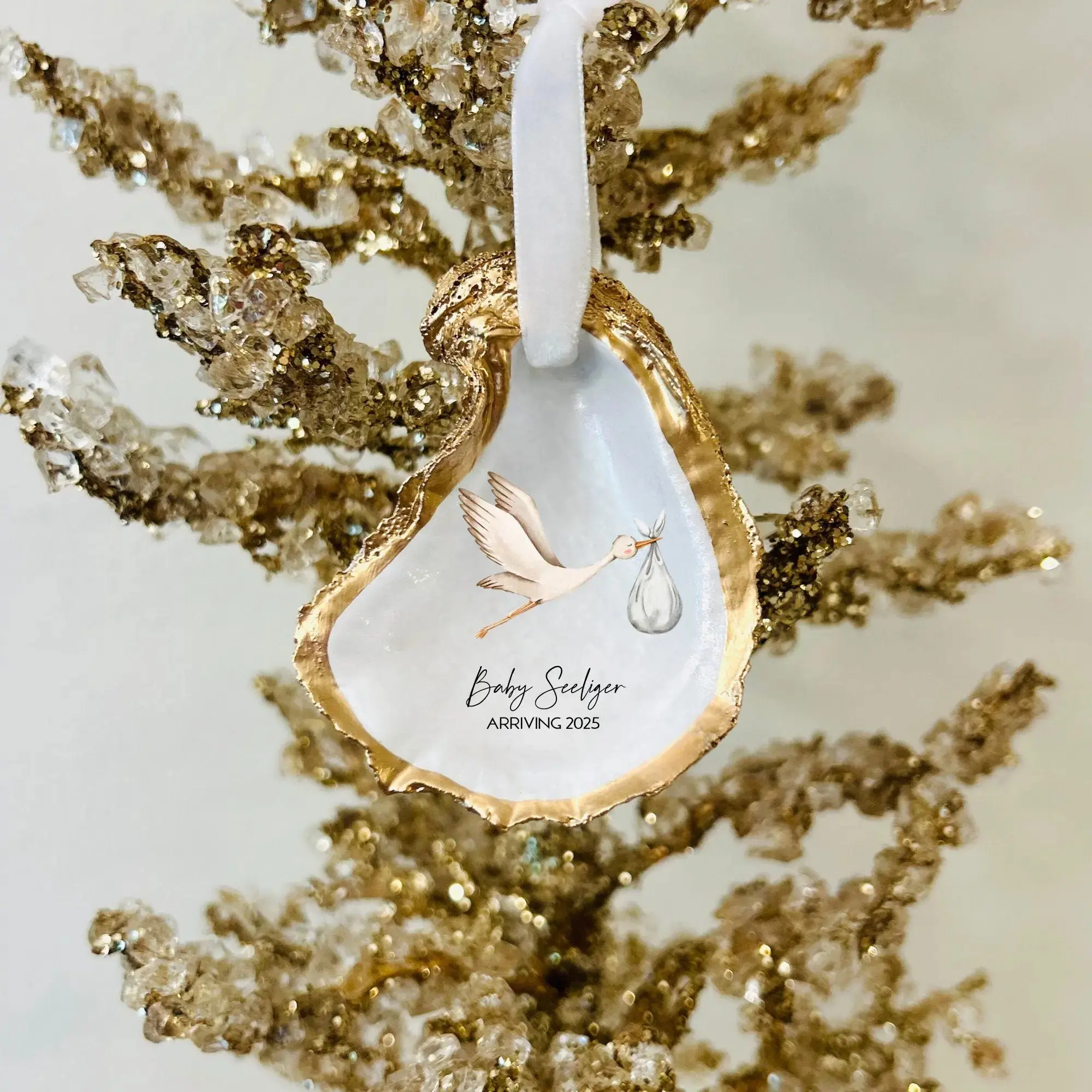 Stork Arriving Soon Baby Announcement Ornament