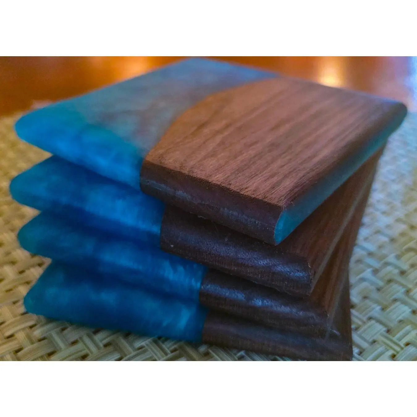 Walnut & Ocean Blue Epoxy Resin Coaster Set – Handcrafted River Style | Set of 4 Square Coasters