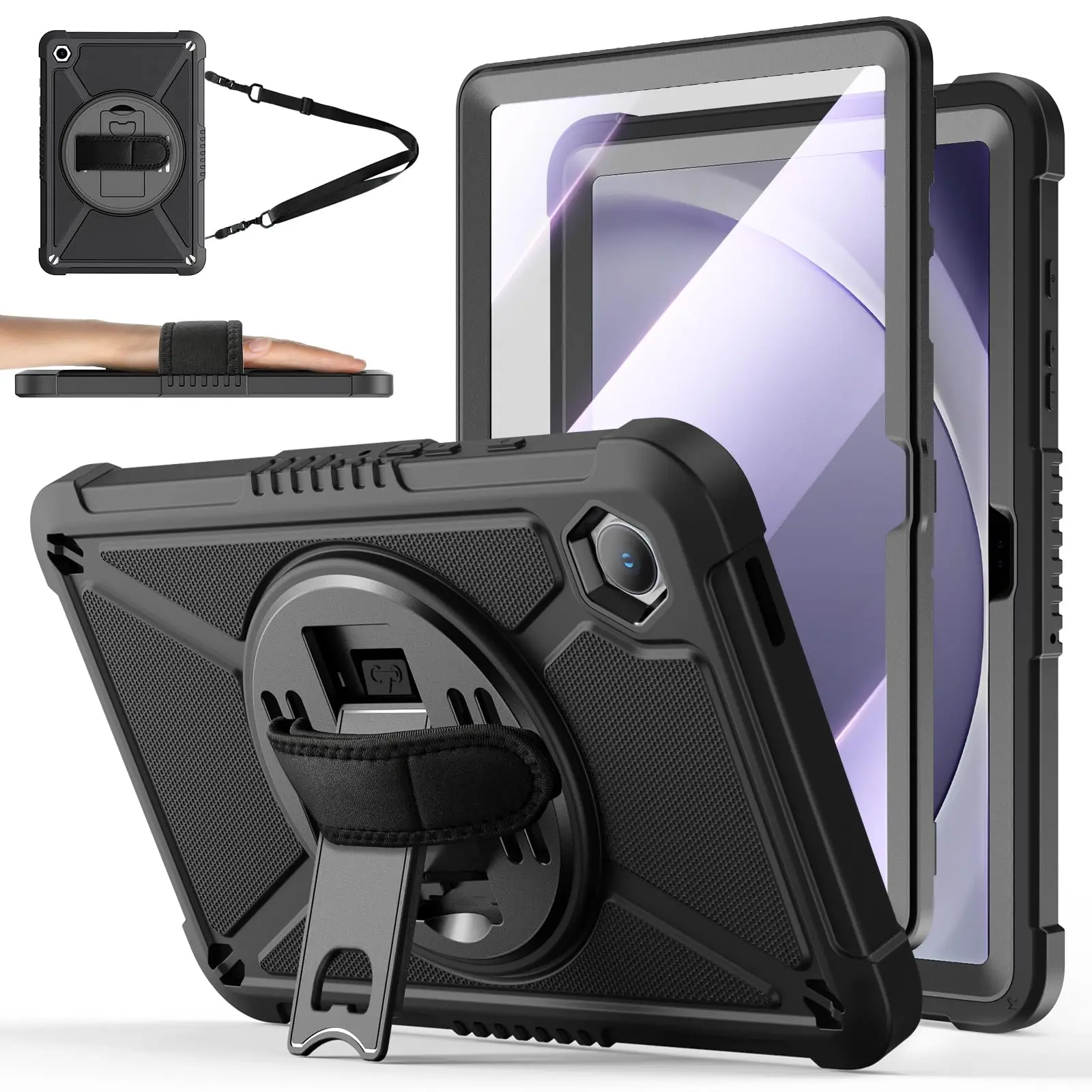 Shockproof Hard Duty Tablet Case with Screen Protector, Covers for Samsung Galaxy Tab A11+/A9+ 11-Inch (2025/2023), 360-Rotating Hand Strap & Stand, Shoulder Strap, Black