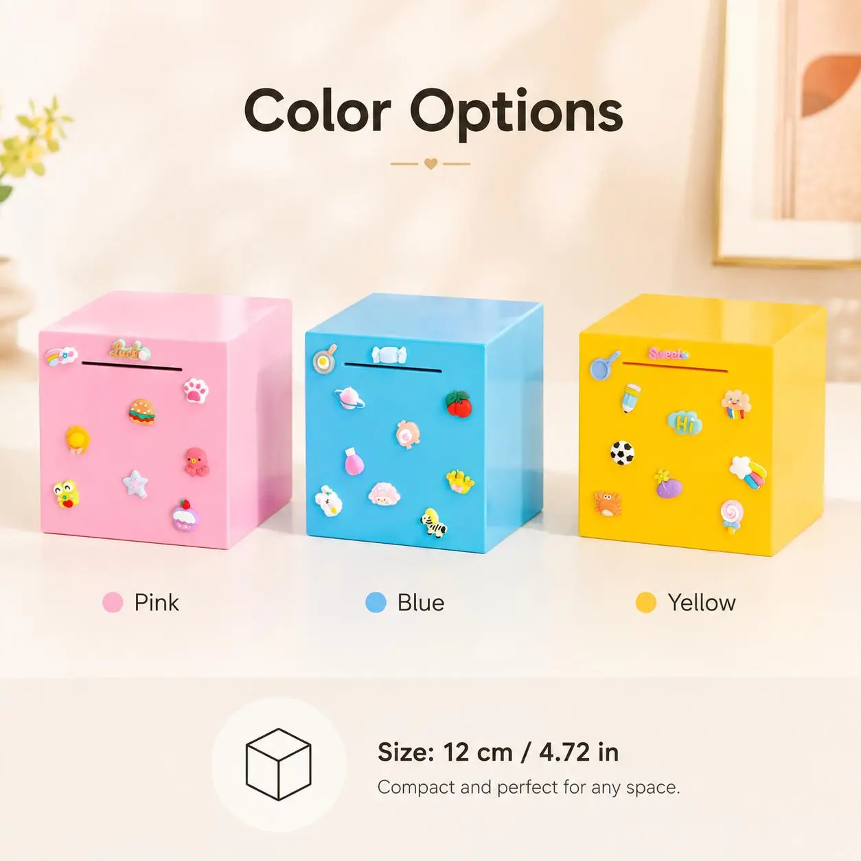 Decorative Coin Bank with Deposit Slot, Compact Money Saving Box with Colorful Charms, Cute Desk and Vanity Organizer for Coins and Cash, Pink Blue Yellow