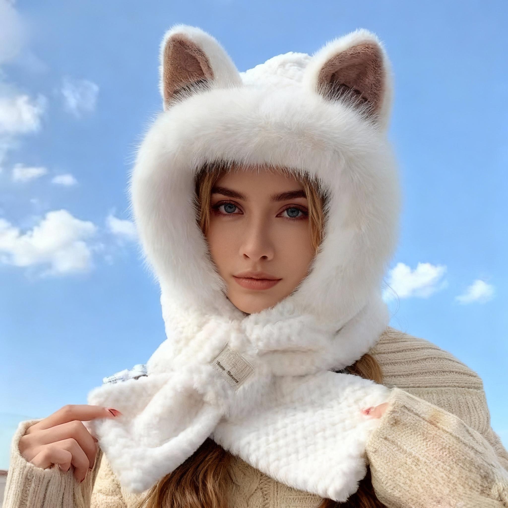 A winter warm hooded scarf with cartoon animal ears, plush knitted neck scarf, elastic moisture-wicking hood, cute and thick gift for women - Hat Scarf