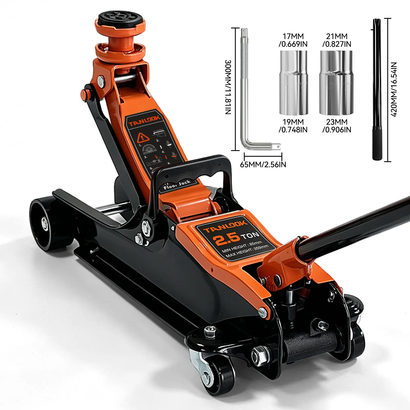 TANLOOK 2.5 Ton Hydraulic Floor Jack, Low Profile Car Jack with 85mm-359mm Lifting Range, Portable Heavy Duty Trolley Jack with 17/19/21/23mm Sockets, Hydraulic Car Lift Jack for Tire Change, Roadside Emergency, Garage Repair, Auto Maintenance
