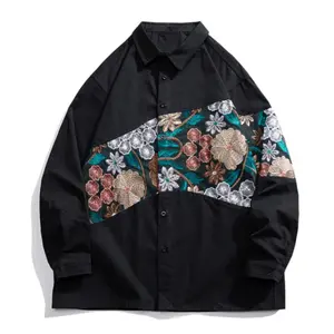 Spring/Autumn trendy retro shirt; Chinese-style embroidered patchwork shirt; casual, versatile outerwear; floral patchwork shirt jacket; design-forward niche unique embroidered patchwork color-block long-sleeve collared shirt