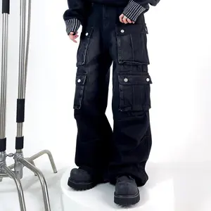 Matching couples’ functional cargo jeans in a Y2K loose straight cut, featuring a 3D multi-pocket design, distressed denim craftsmanship, and reinforced stitching for durability and wrinkle resistance—ideal for everyday commuting, street wear, and trendy