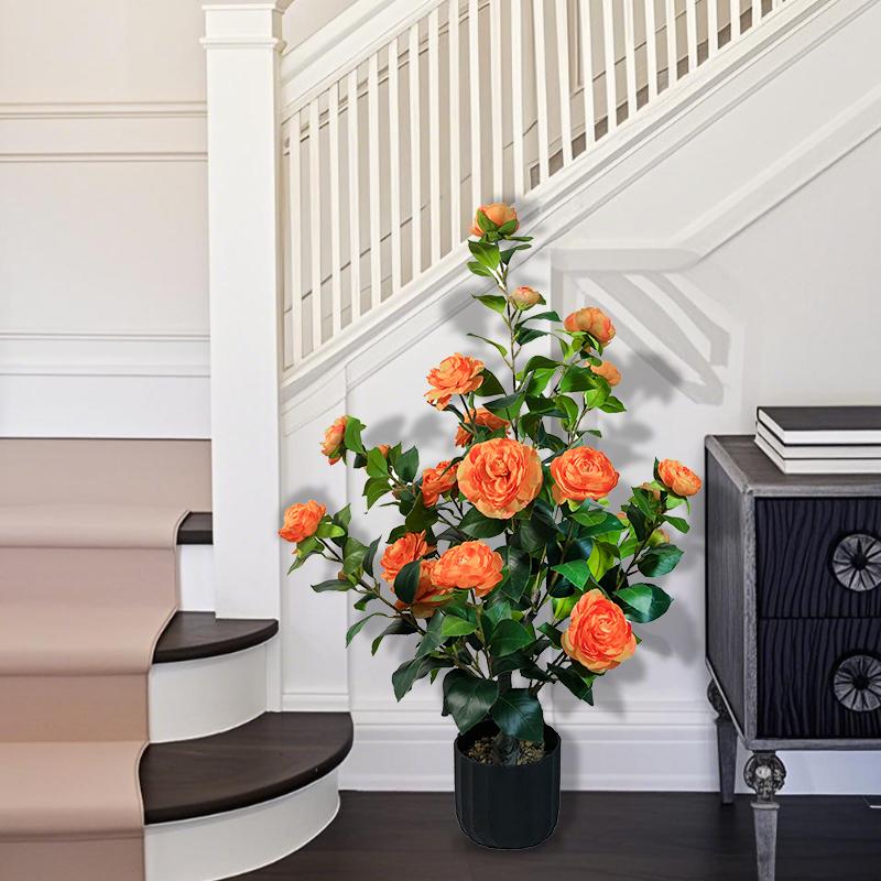 2 Pcs 3-foot Camellia Tree with Decorative Pebbles, Flower Pot, 24 Realistic Flowers, 188 Leaves for Indoor, outdoor courtyard Home Decor