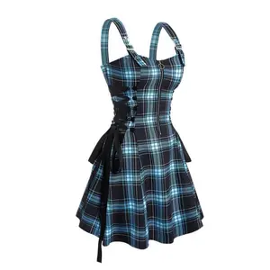 Blue Black Women's Plaid Print Dress with Zipper & Buckle Straps, A-Line Skirted, Casual Off-Shoulder Design, Sleeveless, Polyester Strappy Womenswear Summer Collar Fabric Comfort