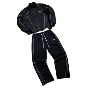 Wide-Leg Track Pants with Dual Piping Details & Drawstring Waist - Athletic Street Style Sports Fitness Wear Yoga Gym Outfits