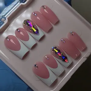 French Acrylic Press-On Nails with Gemstone Accents - Pink Bow Design for Elegant Manicure. * Custom Handmade Press-On Nails - Made to Order (5-7 Business Days)