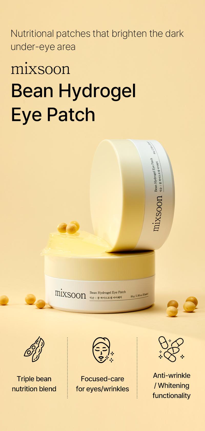 [mixsoon Official Shop] Bean Hydrogel Eye Patch 30 pairs (60ea) - Nutritional patches that brighten the dark under-eye area, Korean Skincare for Glass Skin
