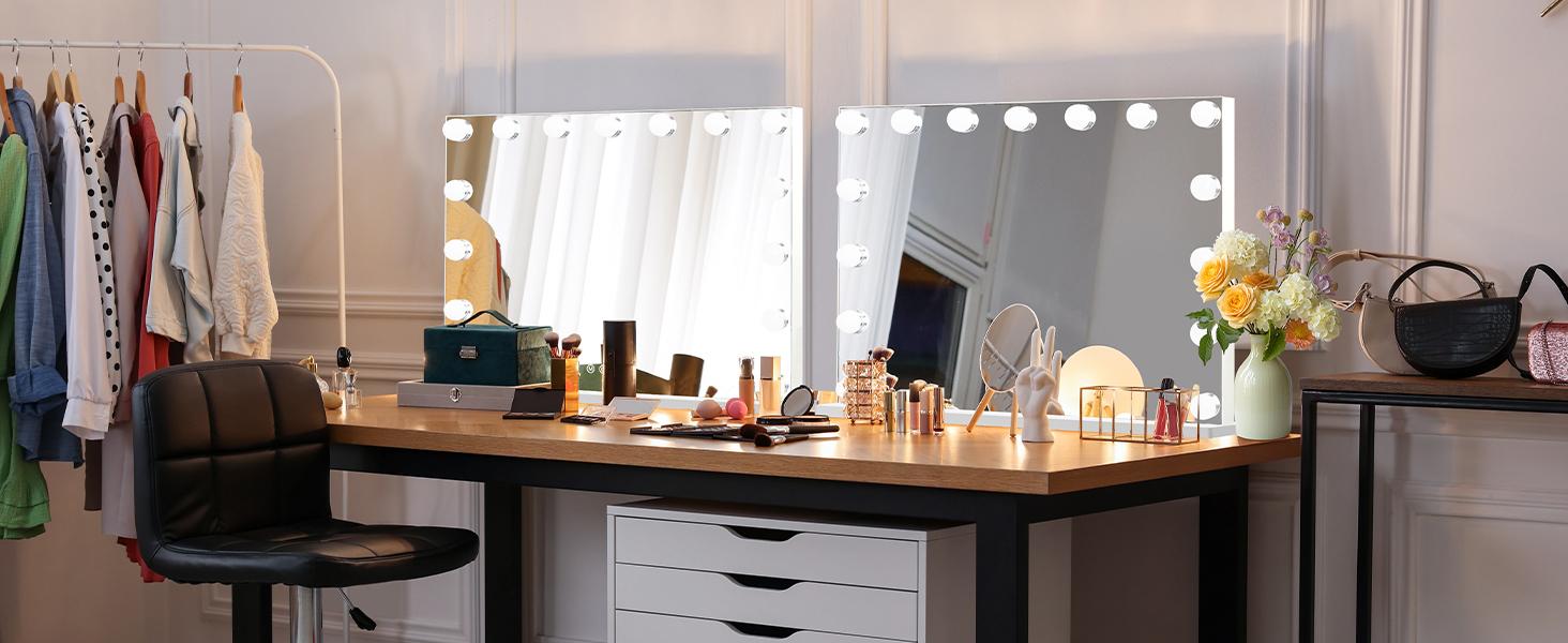 Hoodink Hollywood Vanity Mirror with Lights 15 Dimmable Bulbs 3 Color Lights Make Up Lighted Mirror Aluminum Metal Frame USB Charging Port 23 x 18 inch